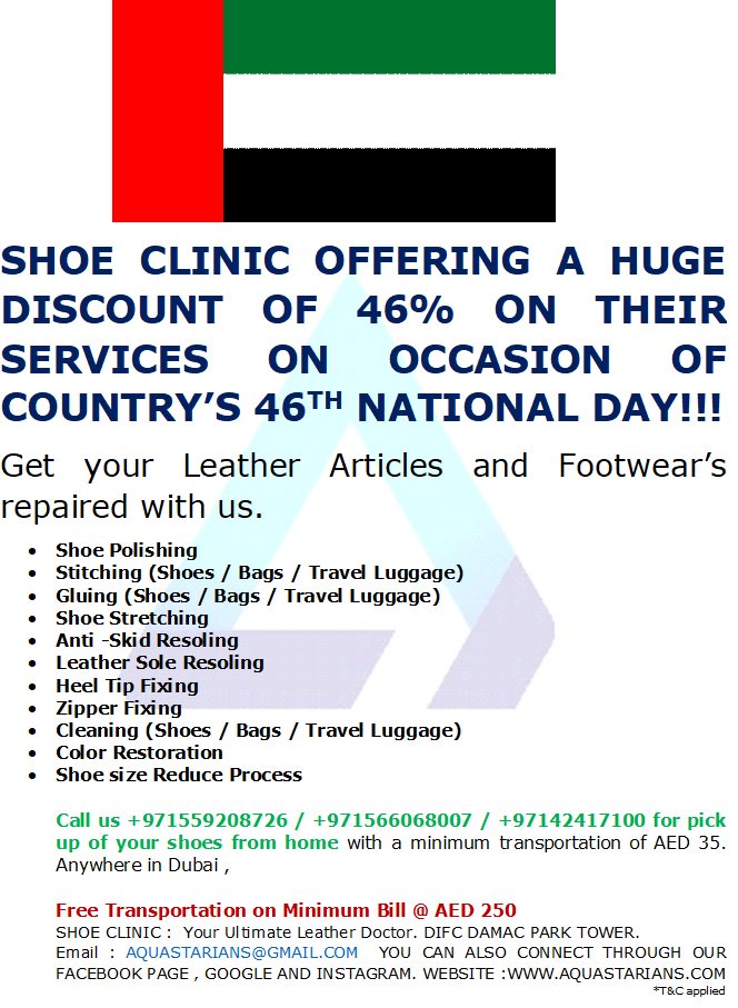 ShoeAqua's tweet photo. Celebrate UAE National Day with Shoe Clinic with a huge discount
#ShoeClinic #DIFC #Dubai #UAENationalDay https://t.co/l5UOIdyRyk