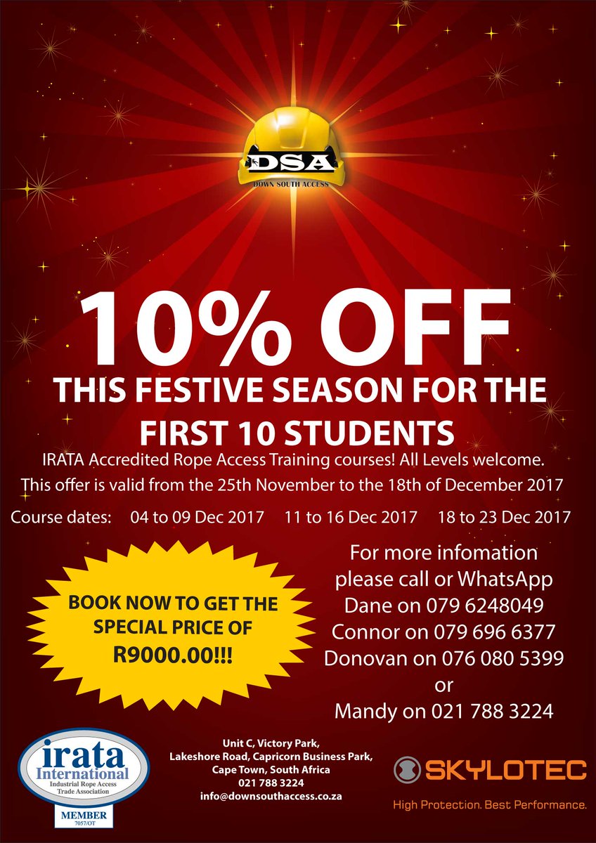 DownSouthAccess's tweet photo. Christmas time!!! save on your irata course today!! limited offer for the first 10 students!! #christmas #irata #ropeaccess #ropeaccesstraining https://t.co/QCf5I8FVcl