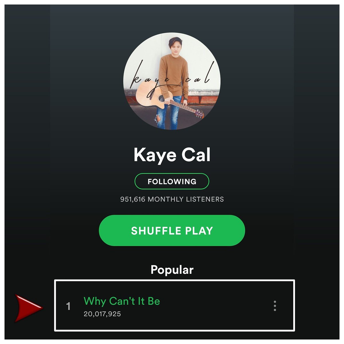 teamkayecalilo's tweet photo. Why can't it be - @kaye_cal
π HAPPY 20 MILLION ~ streams on spotify...π±πππ
Thank you!π§πΆ
#kayecal #KayeCalWhyCantItBe #kayecalonspotify https://t.co/ar3p5FHMVR