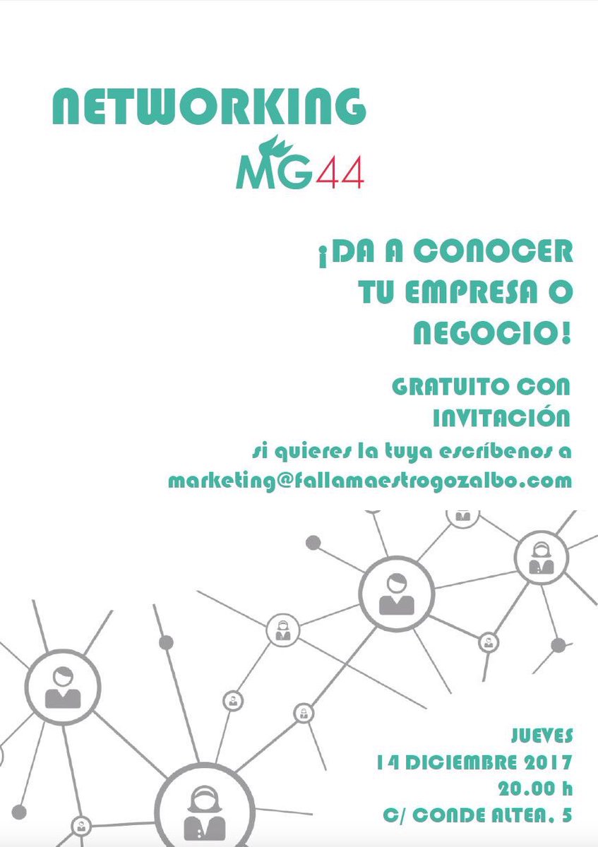 1er Networking MG44. 
¿TIENES UNA EMPRESA? ¿QUIERES DARLA A CONOCER EN UNA ZONA CON MUCHO COMERCIO COMO ES GRAN VÍA? ¿DESEAS AUMENTAR TU CARTERA DE CONTACTOS? ¿GENERAR SINERGIAS?
Vente! Gratuito con invitación que te enviaremos. Plazas limitadas. Escríbenos YA! #networking #mg44