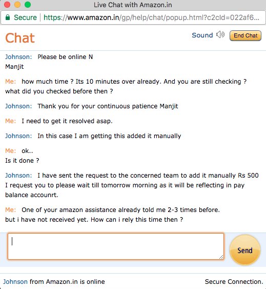 Manjit_Barnala's tweet image. @amazon @AmazonHelp Contacted your customer care guy 3-4 time. Every-time, they asked that "I have sent the request to the concerned team to look into it. I request you to please wait till tomorrow morning".
And it has not resolved till now. #poorservice #no_customer_satisfaction