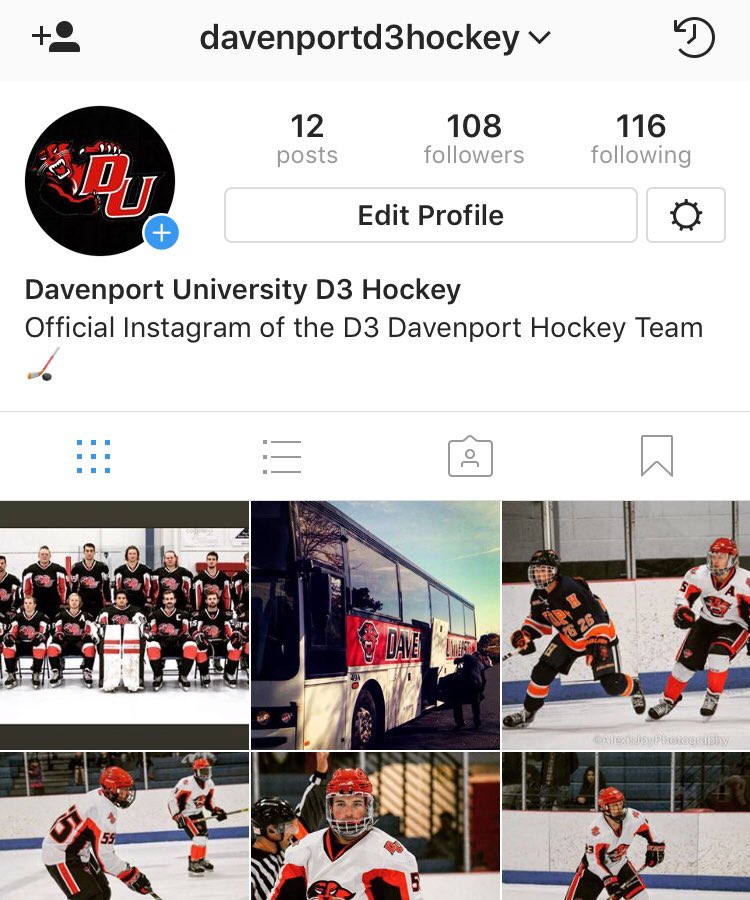 everyone go follow the davenport d3 hockey instagram page it will give you game day information stats content about the players and also will be used for - hockey players to follow on instagram