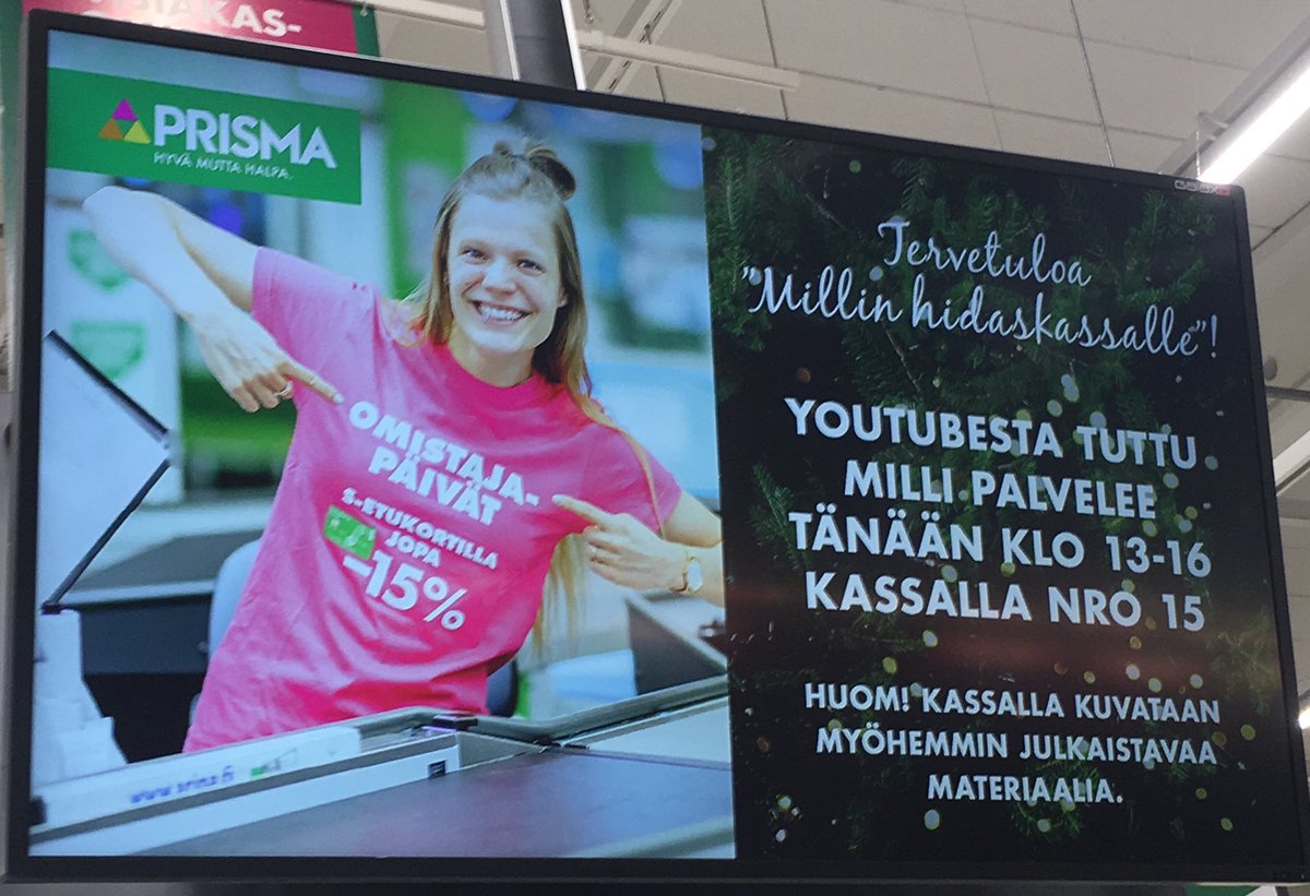Tänään Prismassa oli tavallista hitaampi kassa, kun tubettaja Milli toteutti nuoruuden haaveen. Kassalla oli hymy herkässä jonoista huolimatta. Moni halusi jonottaa juuri Millin kassalle 😁 #milliandabe #prisma #oulu