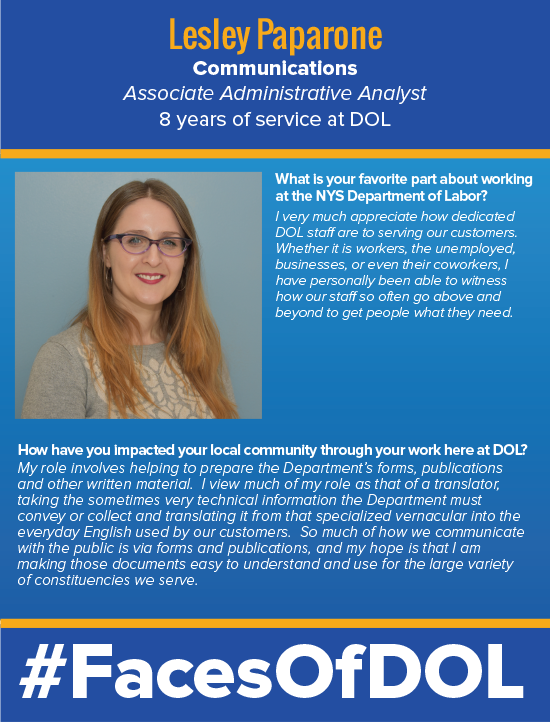NYSLabor's tweet photo. Happy Monday! Check out our latest #FacesOfDOL nominee, Lesley Paparone! #MondayMotivation https://t.co/UbUUwBHDaZ