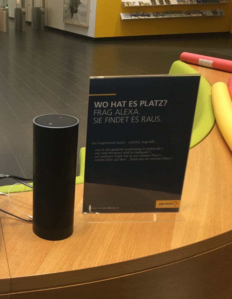thokessler's tweet photo. In the future, buildings will understand occupants and even talk to them... In the future?! Employee's at Swiss Post can now ask the building about the best place to work. #wemakebuildingstalk #SmartBuildings #AI #Alexa #LocateeAnalytics #thefutureishere #onlythebeginning https://t.co/NIZMFoxoR2