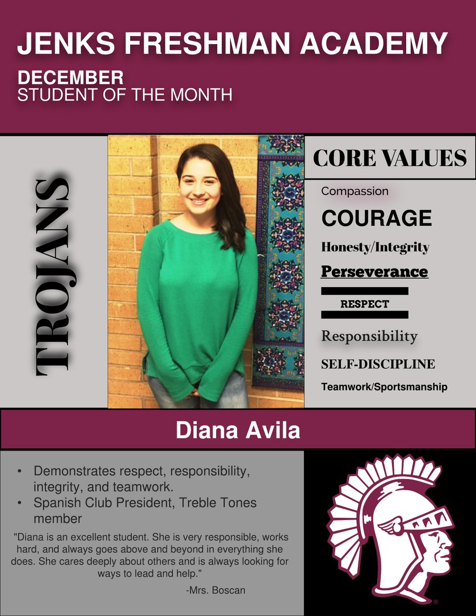 JenksFreshmanAcademy (@jenksfa) on Twitter photo Congrats to our December Student of the Month - Diana Avila! She represents everything that <a href="/jenksps/">Jenks Public Schools</a> is all about. Thanks for representing JFA so well, Diana! Congrats to our December Student of the Month - Diana Avila! She represents everything that <a href="/jenksps/">Jenks Public Schools</a> is all about. Thanks for representing JFA so well, Diana!