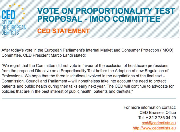 CEDentists's tweet photo. Find the CED President's reaction to the IMCO Vote on the Proportionality Test Proposal here: https://t.co/bcmf98tWRr #proportionalitytest #Healthfirst https://t.co/UK4hzZgXV7