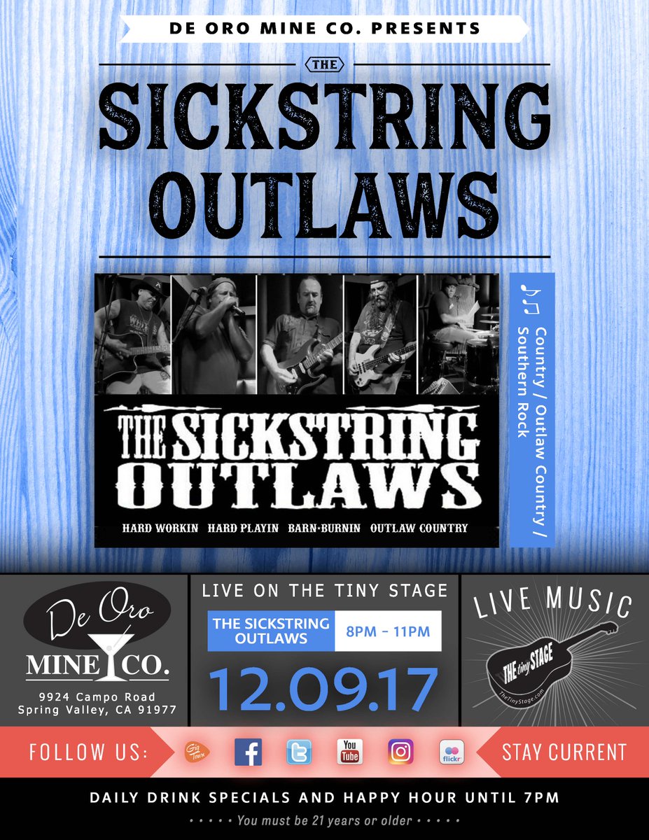 DeOroMineCo's tweet photo. LINE UP REMINDER FOR 12/7/2017 @thesickstring will be live at 8PM #livemusic #casadeoro #mthelix #deoromineco #thetinystage #livemusicsd #gigtown #predink #preparty #livemusicsandiego #eastcounty #cheapassdrinks #eastcountylivemusic #94east #divebar #divebarsd #supportlocalmusic https://t.co/sB6LRPMJQc