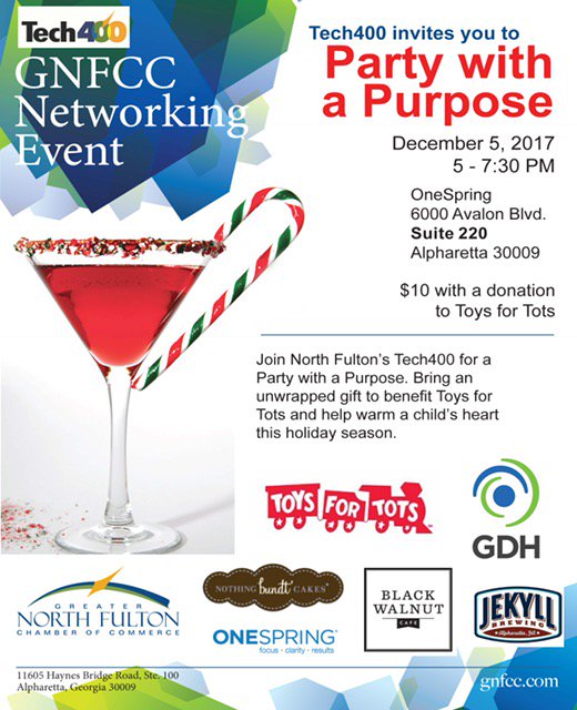 gnfcc's tweet photo. Come Party With a Purpose tomorrow night at @onespring! We are celebrating the holidays with delicious food &amp; drink from @BlackWalnutCafe Alpharetta, @jekyllbrewing, @nothingbundt Milton, &amp; @gdhinc! Register here: https://t.co/o9fnEnRbki #Tech400 #holidayparty #toysfortots https://t.co/ZV01VpozBg