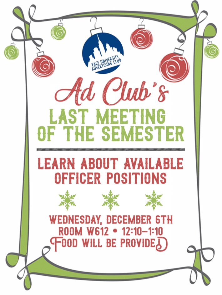 PaceAdvertising's tweet photo. 2018 could be YOUR year. Challenge yourself and give yourself the opportunity to become AdClub's officer. We will wrap up this year with a huge thank you to everyone and offer leadership opportunities. All you have to do is TO SHOW UP! https://t.co/K0BtwXaaeb
