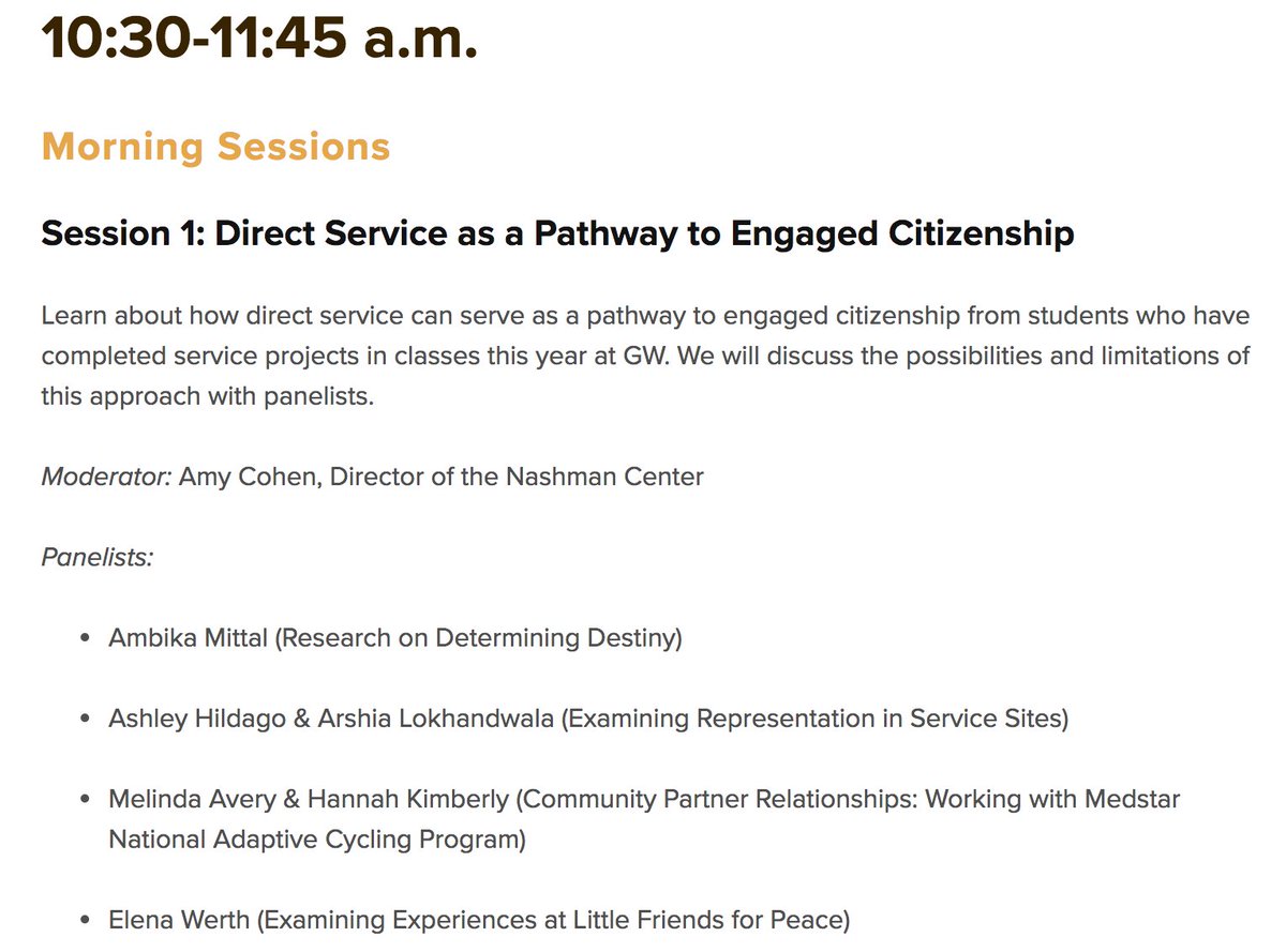 NashmanFaculty's tweet image. Our morning sessions (10:30 to 11:45 a.m.) are Direct Service as a Pathway to Engaged Citizenship, led by @amybc, Social Entrepreneurship in Community-Engaged Scholarship featuring Knapp Fellows @chloeking313 and @gayatrim16, and @GWCivicHouse Proposals for GW Engagement.