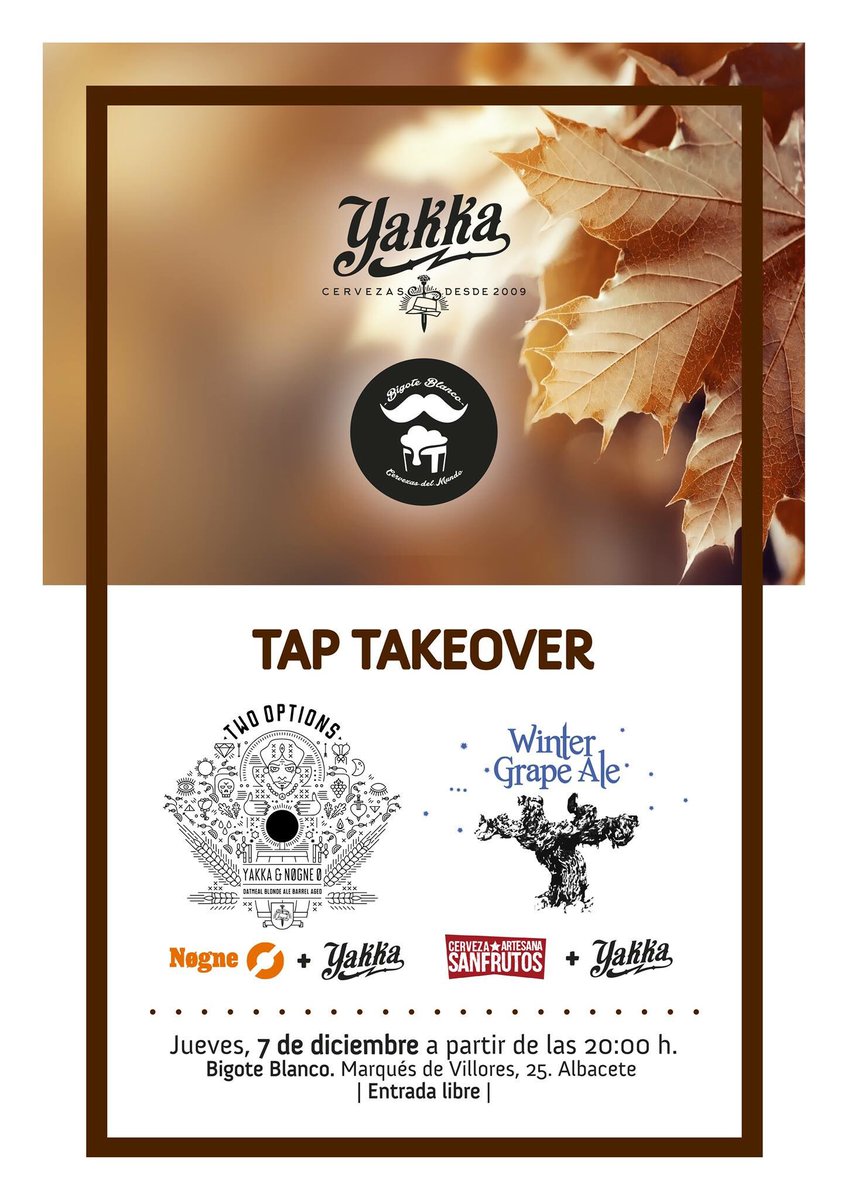 Cervezas_Yakka's tweet photo. El próximo jueves 7 de diciembre desembarcamos en @Bigote_Blanco, Albacete, con nuestras dos nuevas cervezas, Winter Grapa Ale, colb. con @cervesanfrutos y Two Options, colb. con @nogneo . Os esperamos!!! https://t.co/NvWan84OqU