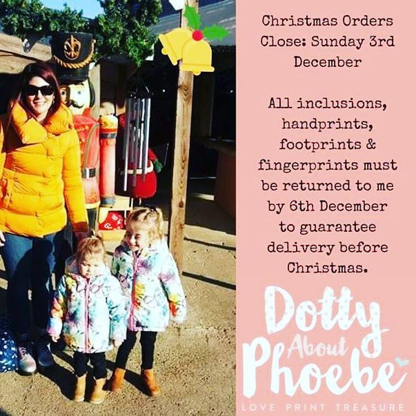 dottyphoebe's tweet photo. MERRY CHRISTMAS TO ALL MY CUSTOMERS &amp; THANK YOU FOR YOUR SUPPORT IN 2017!

Christmas Orders Close: Sunday 3rd December

All inclusions, handprints, footprints &amp; fingerprints must be returned to me by 6th December to guarantee delivery before Christmas. A… https://t.co/sYHs0c2oK8 https://t.co/3y3sRnYMAR