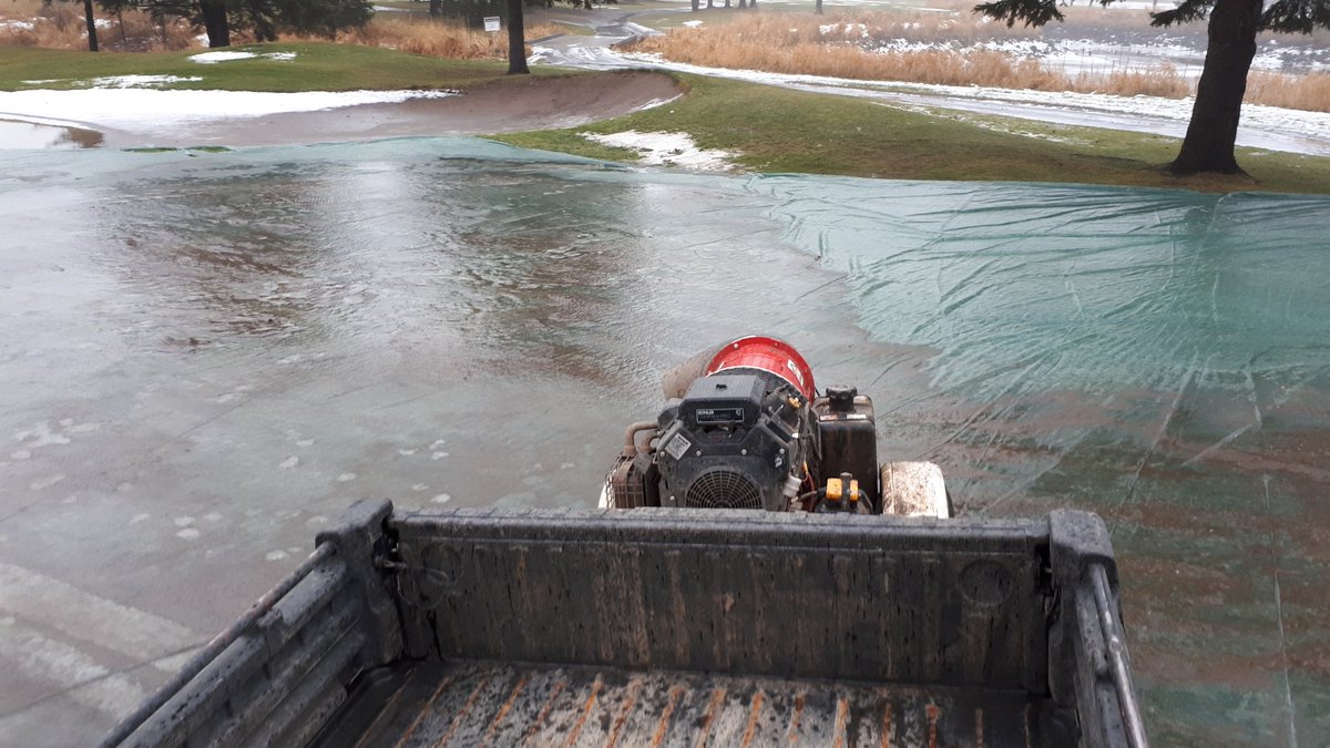 SuperPiperTBay's tweet photo. Turbines out on frozen, slushy greens. Pretty effective, need one more warm day! #FWCC #challenges #almostclear https://t.co/T7mZChXBMe