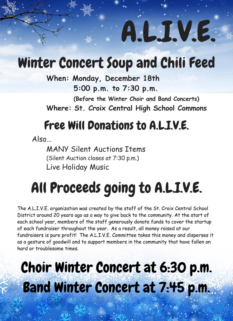 StCroixCentral's tweet image. We hope to see you at the ALIVE Winter Concert Soup and Chili Feed on Monday, December 18th!
#sccspirit
