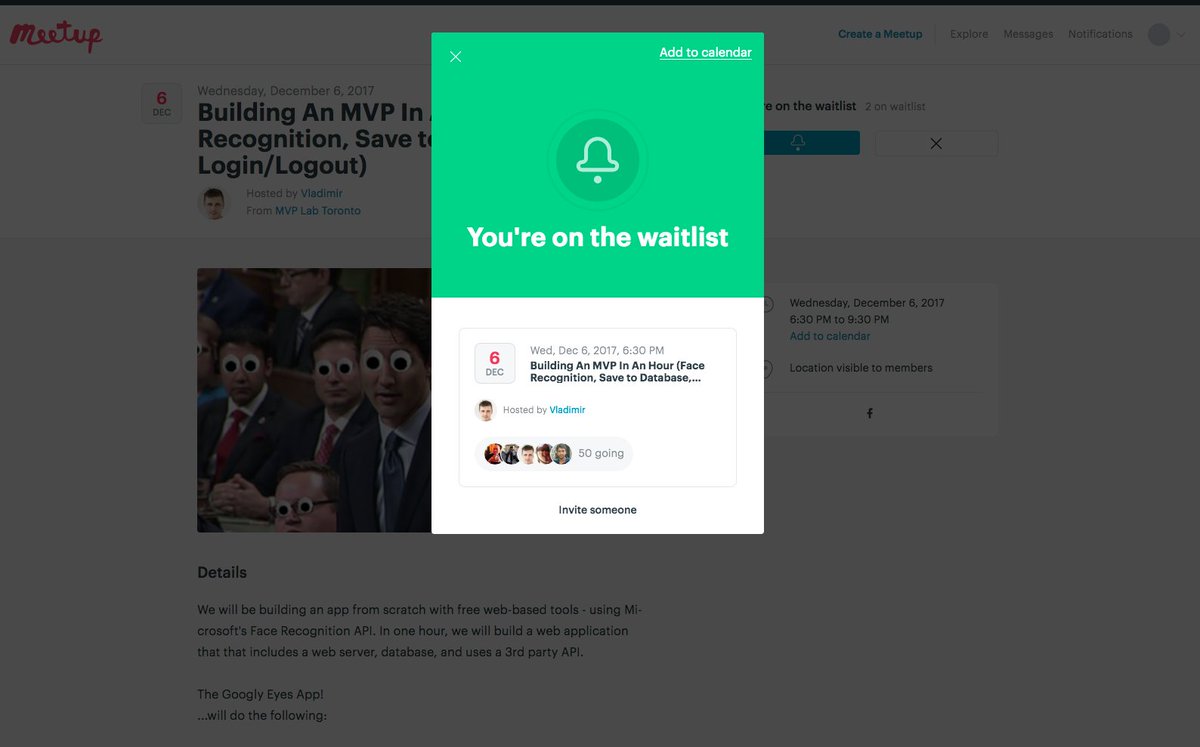 Natalie_N_B's tweet image. Nooo waited too long to sign-up for: 'Building An MVP In An Hour (Face Recognition, Database, Authentication)'
On wait list... sniff... and it's my husband's tech event too - this is ridiculous!
#webDevTutorial #faceRecognitionApp #waitList