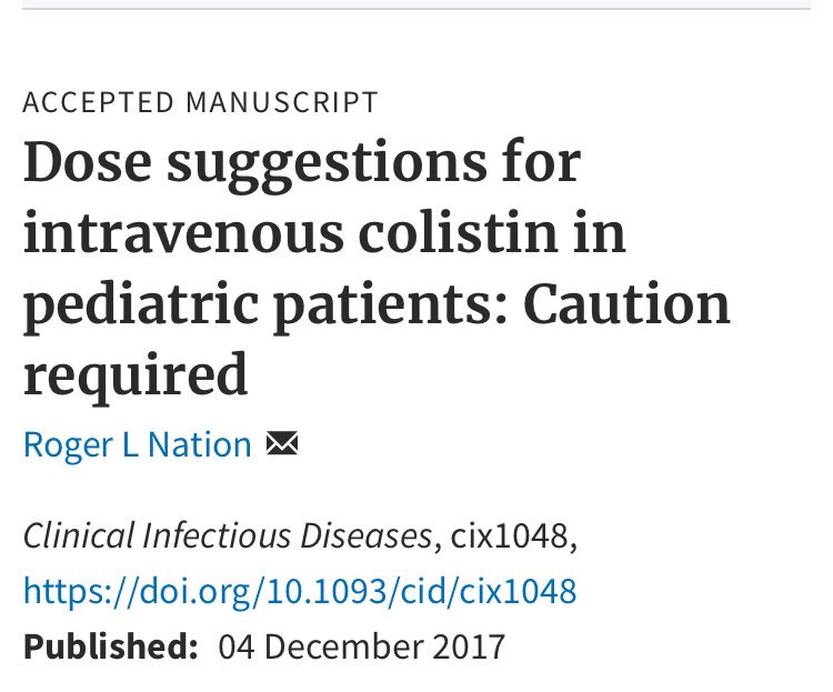 The latest 📄 from colistin guru Roger Nation of 🇦🇺 📲 academic.oup.com/cid/advance-ar… via @IDSAInfo cc: @Peds_ID @pedsIDpharmD @IDDocHymes @PIDSociety @jpogue1 @julie_justo @accppediprn @accpcritprn @accpinfdprn @SIDPharm #SayNoToColistin #SaveABX