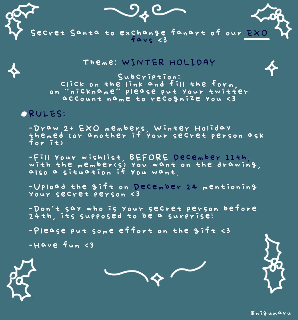 Nigumaru's tweet photo. ✨🌟EXO's fanart SECRET SANTA🌟✨
❄️Winter Holiday themed ❄️
💜‼️Rules/instructions on the second image‼️💜
Hope you join this!
https://t.co/HCLo2xIeyL
Tell me if you have a question.
(sorry for my bad english ; w;) https://t.co/Crlm5g3P3B