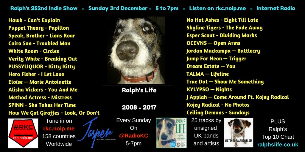 Ralph's Indie Show on <a href="/RadioKC/">#𝗥𝗞𝗖</a>

Sun 10th Dec 5-7pm - playing in 162 countries via 2 satellites

Tracks inc:

@HAWKofficial
<a href="/puppet_theory/">PUPPET THEORY</a>
<a href="/SpeakBrotheruk/">Speak, Brother</a>
<a href="/cairo_son/">Cairo Son</a>
<a href="/WhiteRoomHQ/">WHITE ROOM</a>
<a href="/VeeBear/">Voshy</a>
<a href="/pussyliquorband/">PUSSYLIQUOR</a>
<a href="/HeroFisher/">Hero Fisher</a>
@EloiseFlora
<a href="/alisha_214/">ALISHA VICKERS</a>
<a href="/_methodactress/">Method Actress</a>
<a href="/spinn_band/">SPINN</a>
<a href="/WeGiraffes/">How We Got Giraffes</a>