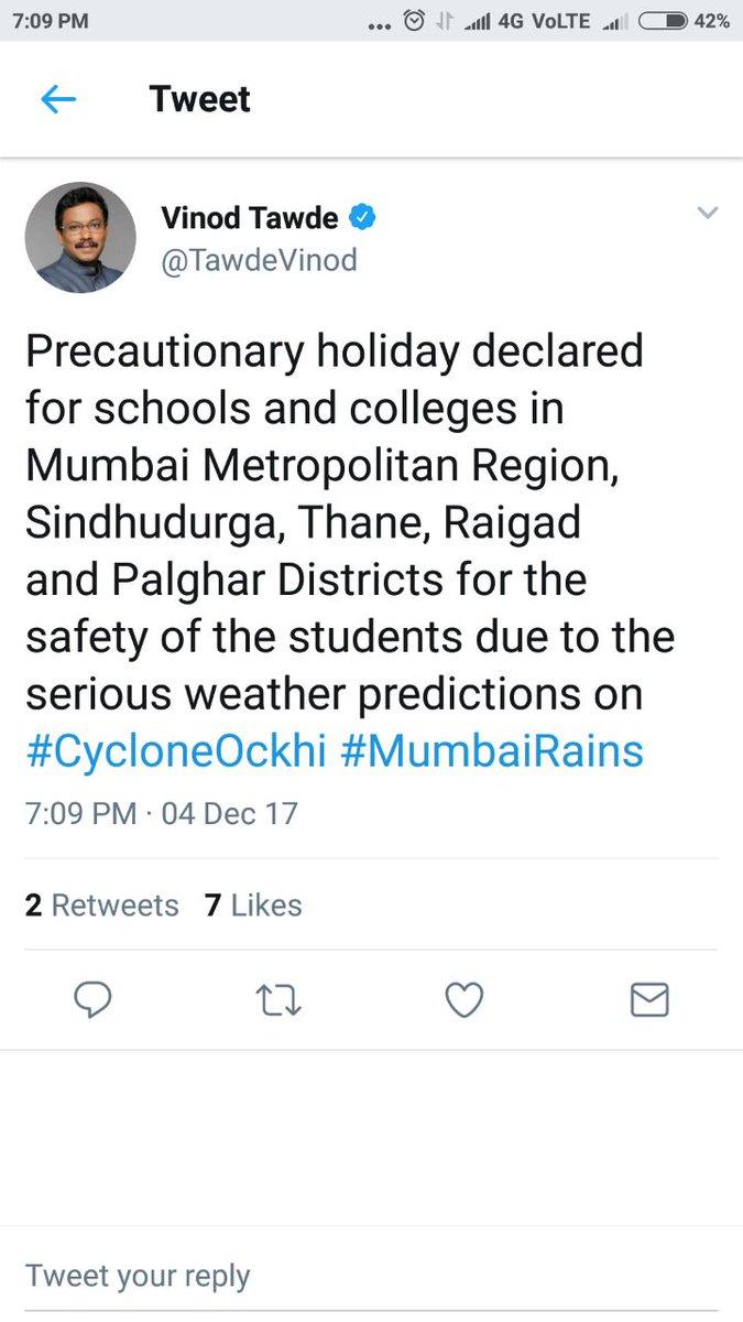 #Education minister <a href="/TawdeVinod/">Vinod Tawde</a> declares #precautionary #holiday ahead of #Weather #Disruptions #CycloneOckhi #MumbaiRains #Mumbai #Students #School #Parents #Safety #SafetyFirst