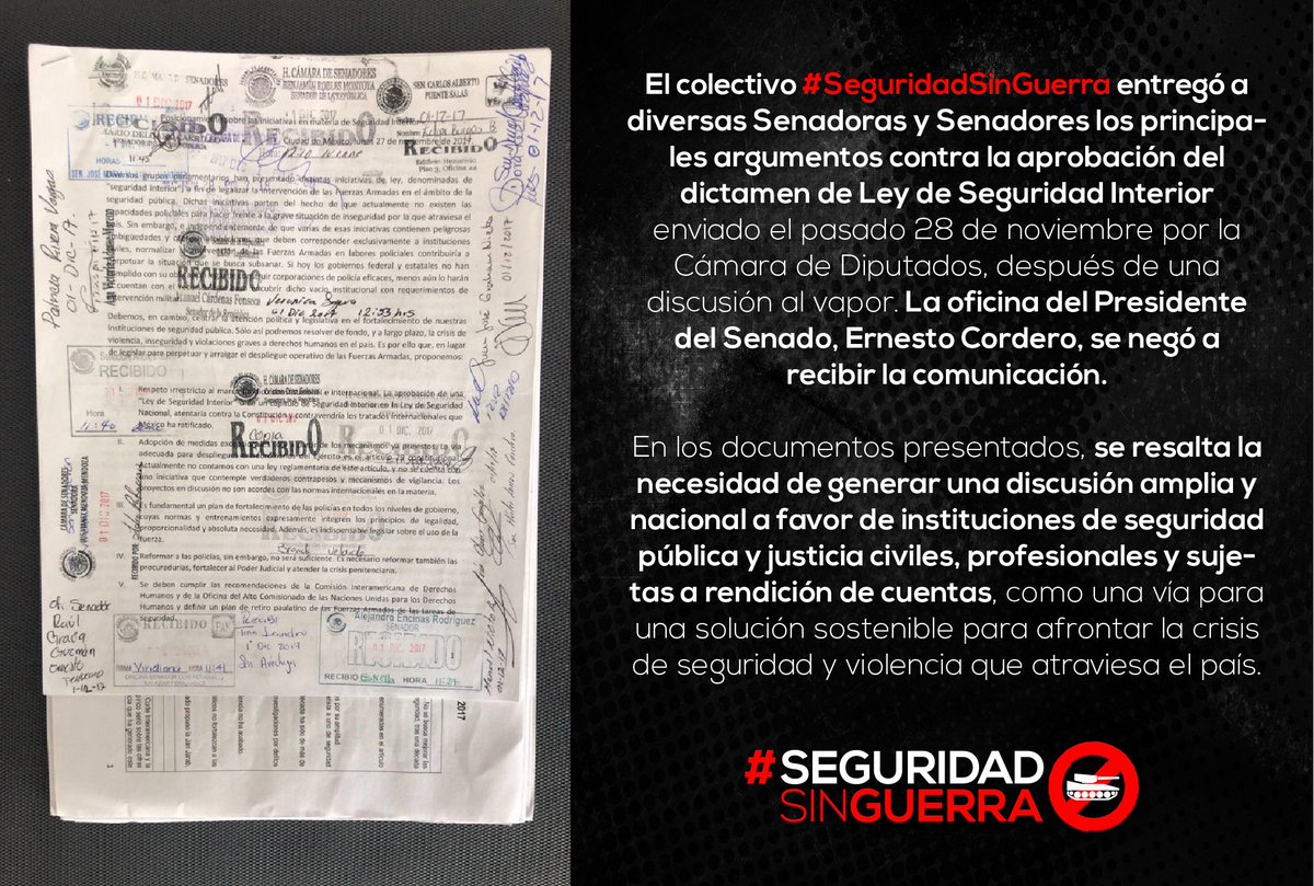 CentroProdh's tweet photo. El colectivo #SeguridadSinGuerra entregó a diversas Senadoras y Senadores los principales argumentos contra la aprobación de dictamen de la #LeyDeSeguridadInterior. 
Exijamos al @senadomexicano detener la dictaminación de esta ley. Entra ya a https://t.co/h2KWbdZyIv https://t.co/ixAymwGxke