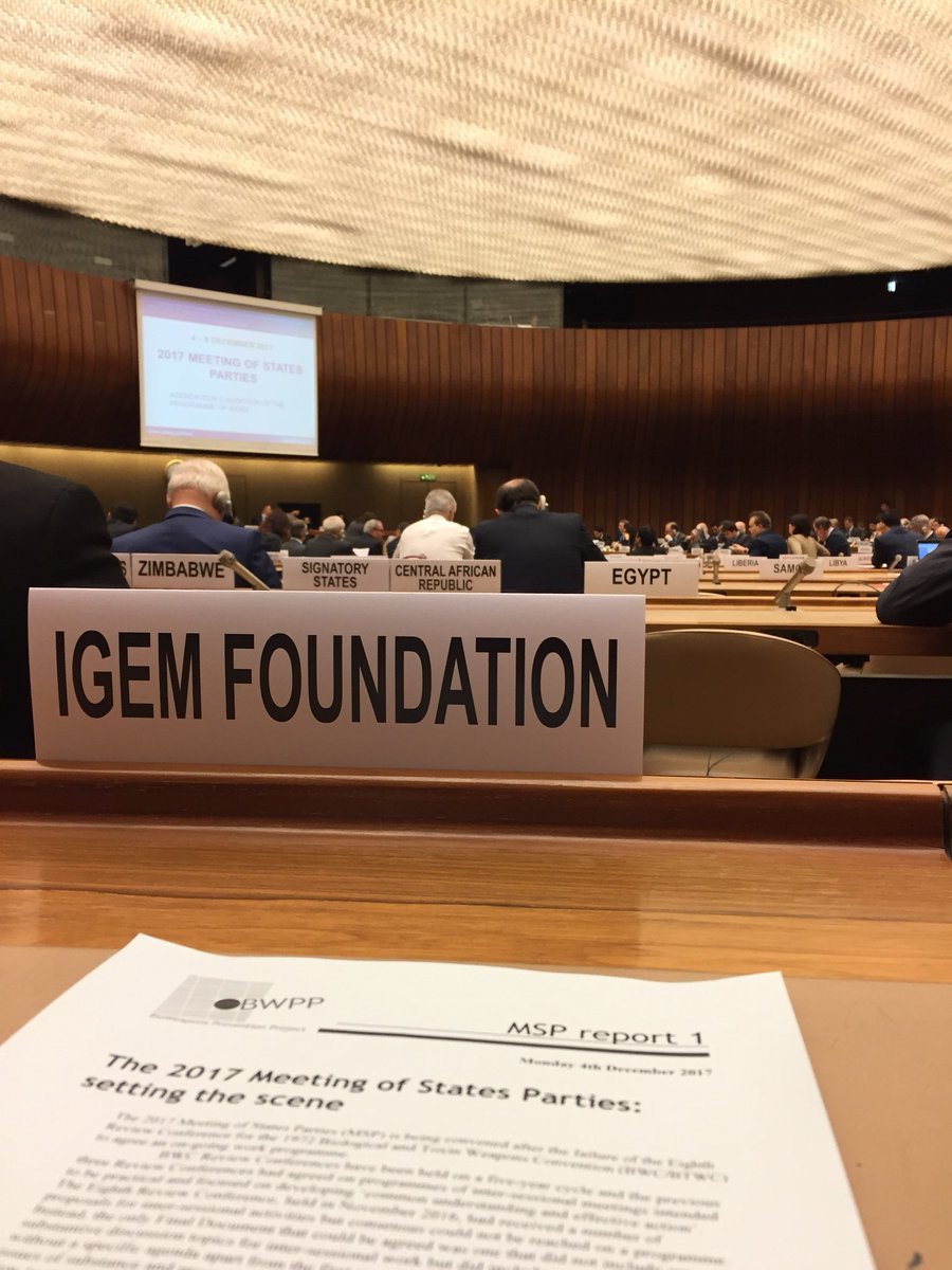 #iGEMdelegates are officially representing <a href="/iGEM/">iGEM Headquarters</a> at the Biological Weapons Convention Meeting of States Parties in Geneva this week! #AfteriGEM <a href="/BWCISU/">BWC Implementation Support Unit</a> <a href="/pdmillett/">pdmillett</a> <a href="/anita_sifuentes/">Ana Sifuentes</a> <a href="/MeaganLizarazo/">Meagan Lizarazo</a>