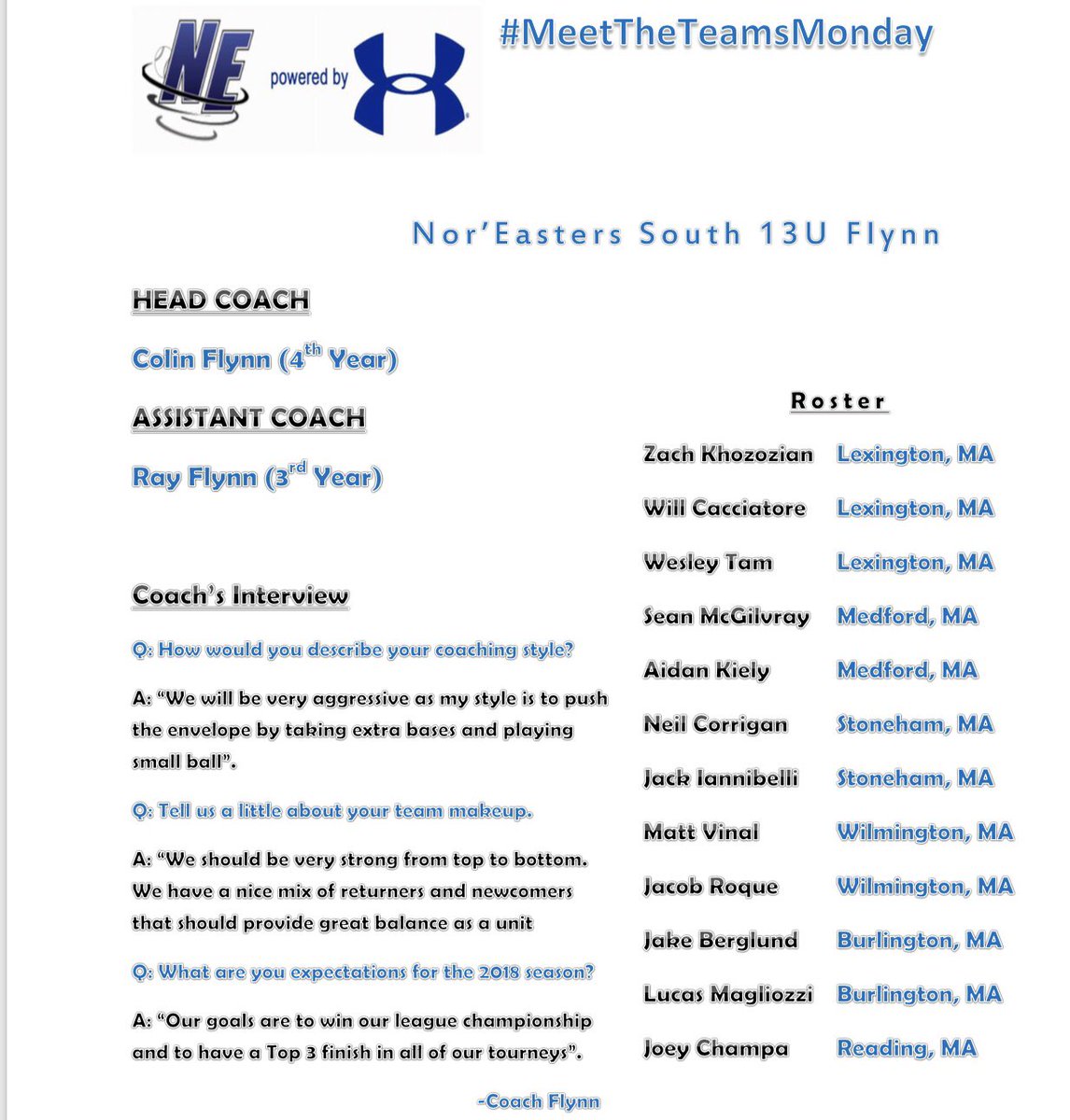 NESouthBaseball's tweet photo. Today begins our #MeetTheTeamsMonday. Every Monday we will be interviewing one coach from our program asking them about their coaching style and expectations for the season. Today we begin with 13u Flynn. https://t.co/XgKqVij5LZ