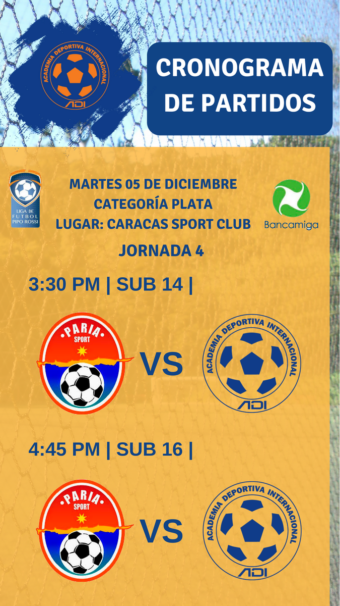 ADIVenezuela's tweet photo. Mañana nuestra categorías Sub-14 y Sub-16 se medirán a Paria Sport en la cuarta fecha de la Liga Pipo Rossi ⚽💪🏆 #somosADI #Futbol #Futve #Futven #academia #deporte #caracas #venezuela https://t.co/Lo5JwOPUlo