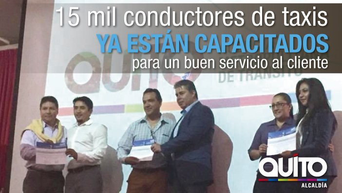 MunicipioQuito's tweet photo. #TaxisQuito
Con el objetivo de mejorar el servicio que reciben los usuarios de este medio de transporte, 15 mil socios de 325 compañías o cooperativas de taxis fueron capacitados en Quito: https://t.co/WYSs2mbuZ6 https://t.co/PwsqSvjXCu
