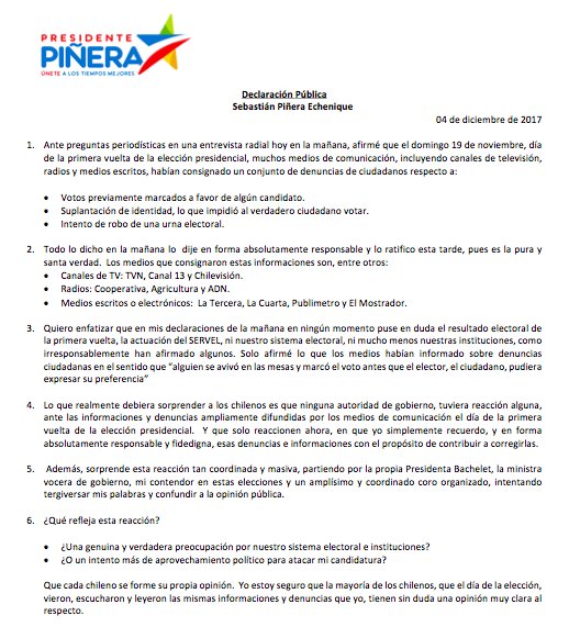 sebastianpinera's tweet photo. Comparto con Uds mi declaración respecto información entregada por diversos medios de comunicación, en relación a denuncias hechas por ciudadanos el día de la 1ra vuelta de la elección presidencial #VerdadPorDelante https://t.co/Fwva0dKKx1