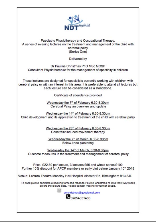 DrPChristmas's tweet image. @PCLPT Hi Michelle A new series of evening  lectures on cerebral palsy for 2018 at Moseley Hall Hospital. Be great if you came along  and please share.#NDThybrid #TheAPCP