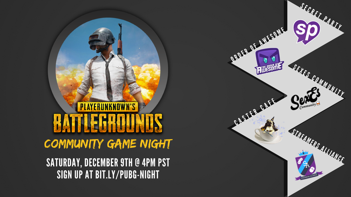 Streamers_All's tweet photo. Hello there potential chicken dinner winners!

We're partnering with @CasterCafe @SexEsNetwork @SecretPartyTeam and  @OrderOfAwesome for a community PUBG game night

Join any of our discords for info on how to sign up!
https://t.co/kO55HYbHjp

#PUBG #PLAYERUNKNOWNSBATTLEGROUNDS https://t.co/N71iEYsOLL
