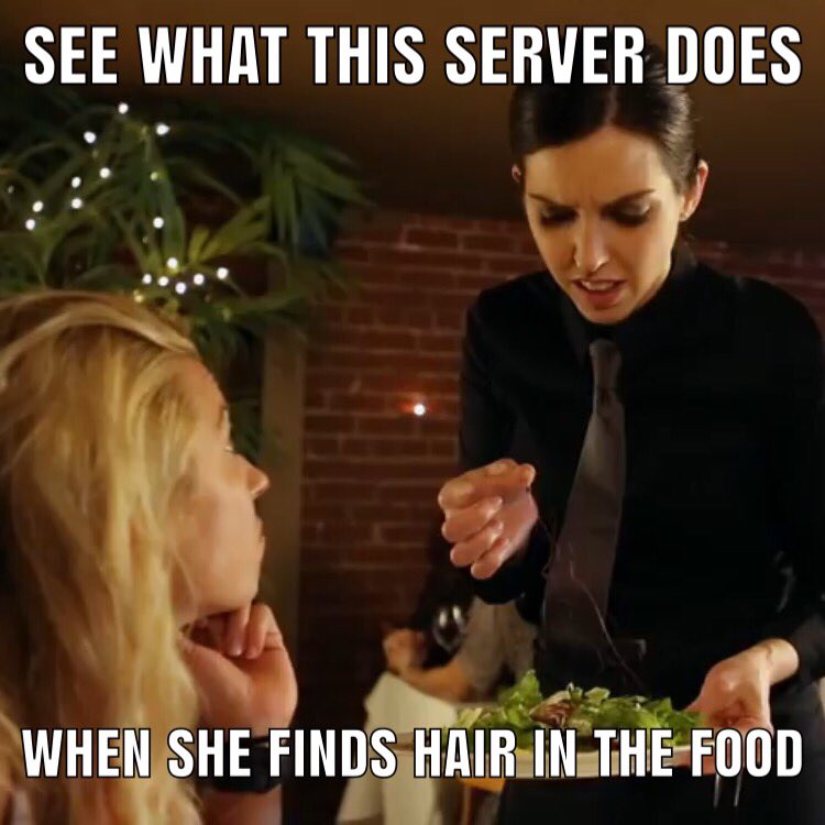 l_a_servers's tweet photo. Servers, click on the link below to see a #bitesized clip from LA Servers of what to do if you find hair in someone's food! #ServerLife #hairinmyfood #funnyvideo #workproblems #badhairday 

https://t.co/rBd8MQq2tp https://t.co/XODtNK5fwN