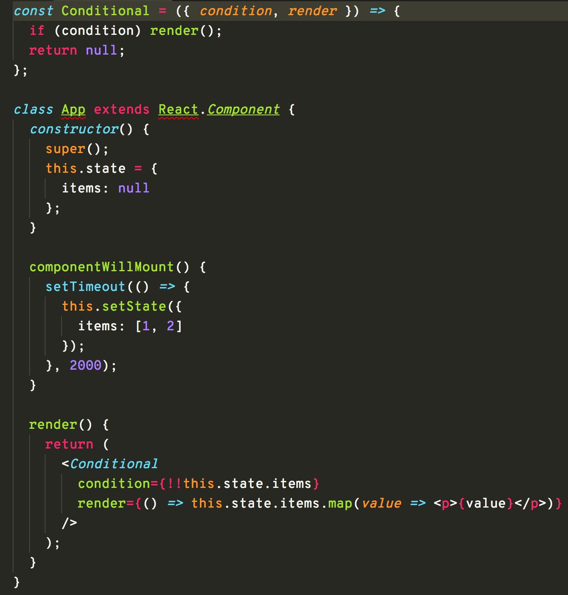 farzad_yz's tweet image. I came up with a technique for conditional rendering in #react using #renderprops
It&apos;s awesome since it doesn&apos;t evaluate until the condition is met. You don&apos;t have to worry about values being undefined or null.