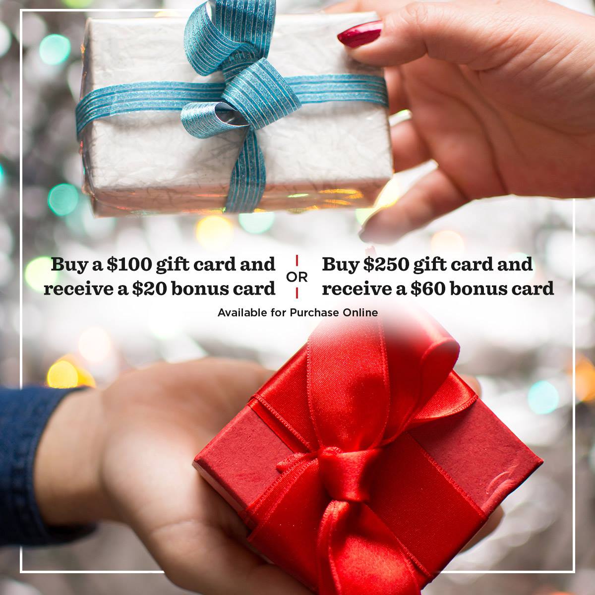 Now - 12/31, buy a $100 gift card &amp; receive a $20 bonus card. Or buy a $250 gift card &amp; receive a $60 bonus card. Each one valid at any of our participating Tavistock Restaurant Collection locations. Which are you going with? bit.ly/2hKRhRK
