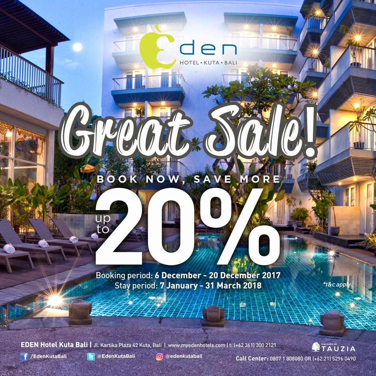 Book now and save more up to 20% 
Stay period from 7 Jan - 31 Mar 2018

#traveling #weekend #newyear #traveler #travelbug #vacation #holiday #liburan #family #instagood #hotel #special #promo #discount #greatsale #kuta #booking #edenhotelkutabali