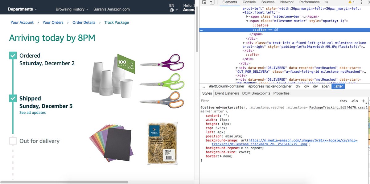 jreyesdev's tweet image. It makes me happy that when an Amazon employee scans a package in a warehouse, this &amp;lt;div&amp;gt; tag gets updated with a little .milestone.reached css class. #domManipulation