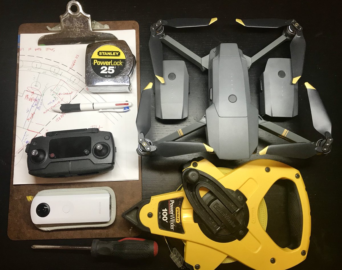 Site visit kit - 25’ & 100’ @stanleytools measuring tapes, 360 degree camera @RicohTweets, DJI Mavic @DJIGlobal, mapping software @DroneDeploy and a pen and paper. 👍👍@landarchitects