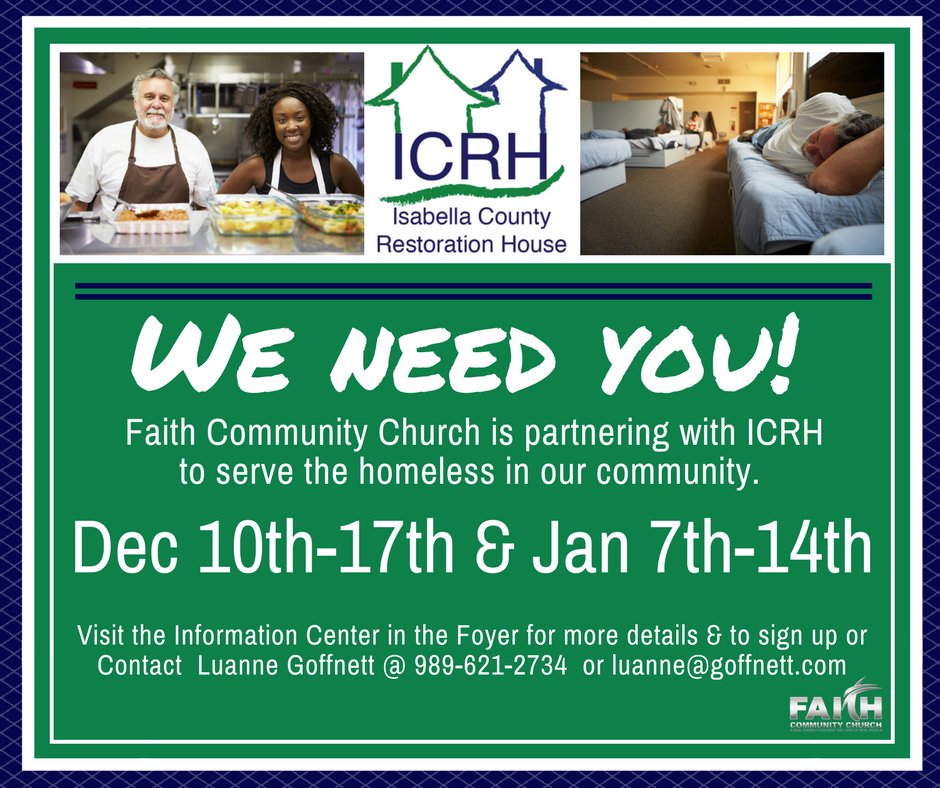 FCCRealChurch's tweet photo. We are partnering with First Church of Christ &amp; Isabella County Restoration Home. 
We need people to help serve (Evenings/Overnight/Morning) https://t.co/1vO6z3C2aC
Have any questions? Contact Luanne Goffnett
luanne@goffnett.com https://t.co/RDuBfoWNZU