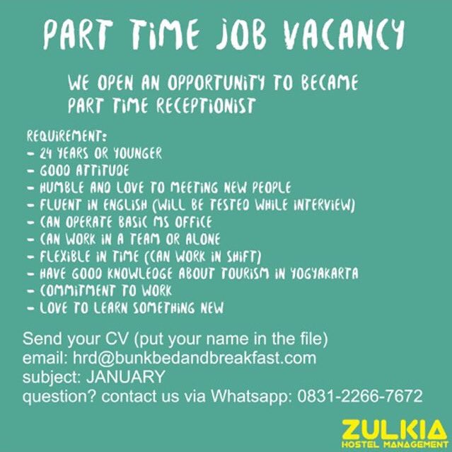 jogjalowker's tweet photo. #jogjalowker @Bunkbnb: resepsionis|partime|ce/co mx.24|bs english,jjr,tgg jwb| HRD@bunkbedandbreakfast.com subj: January https://t.co/w6Tst132rA