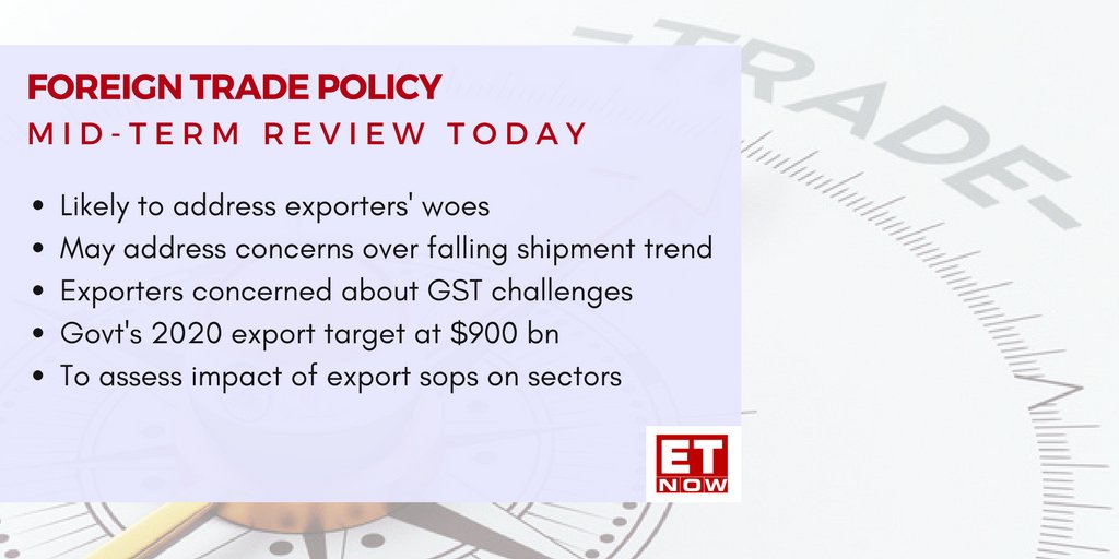 ETNOWlive's tweet photo. #CuesToWatch | Key policymakers led by Commerce Minister @sureshpprabhu will unveil the mid-term review of the foreign #trade policy today. Here are some cues to watch! https://t.co/uX0REIyZIw