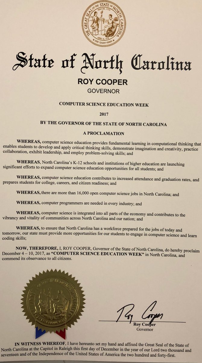 NCCSIT's tweet photo. Computer Science Education Week proclamation 👍🏾🎉 #NCHourofCode https://t.co/OquotvL7EN