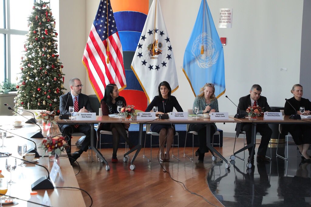 AmbNikkiHaley's tweet photo. Supporting @VP 's initiative, we met w NGOs &amp; UN officials abt how US support continues for those effected by conflict, and how to better assist Christians, Yazidis, &amp; other minority groups-- specifically in Iraq. These religious minorities are invaluable &amp; need our backing. https://t.co/xlgXd6JyYD