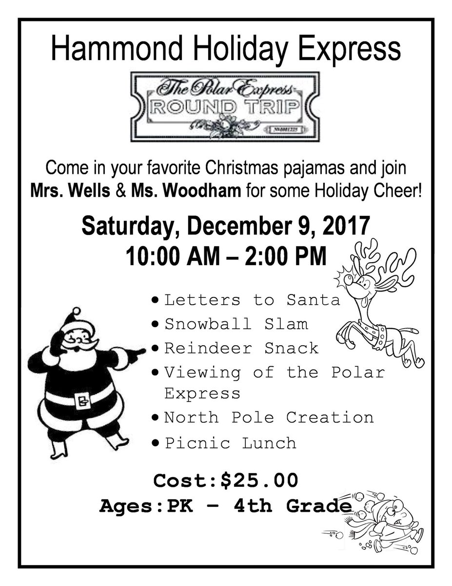 Mr_KNWhite's tweet photo. Come join Mrs. Lauren Wells and Ms. Kate Woodham for some Holiday Cheer this Saturday, December 9, from 10AM-2PM! Register at: https://t.co/1VUJOV1PyC
Questions? Contact the Auxiliary Programs Office at 803.726.6413. #HammondPLUSPrograms #PolarExpress #SaturdayFun #kidsparty https://t.co/11Nk9JJIMk