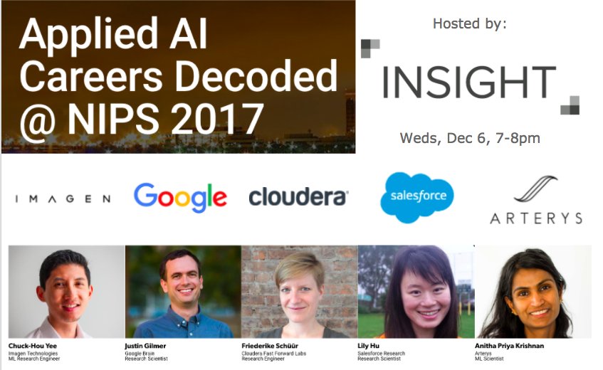 At <a href="/NipsConference/">Ronny MacIntoshes Plus Jr 🐀</a> and want to pursue an applied AI role in industry? Join our career panel on Weds Dec 6 @ 7-8pm to hear from AI professionals at Imagen Technologies, <a href="/GoogleResearch/">Google Research</a>, @Cloudera <a href="/FastForwardLabs/">Cloudera Fast Forward Labs</a>, @Salesforce Research, and <a href="/ArterysInc/">Arterys</a> RSVP: ainips2017.splashthat.com