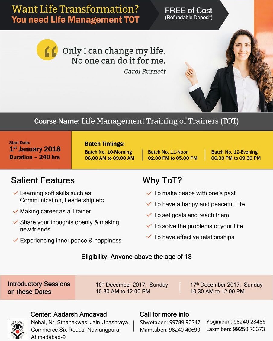 AadarshAmdavad's tweet image. #aadarshamdavad presents #lifemanagementtot at #Ahmedabad #intro #session on 10 &amp;amp; 17 Dec #welcome to #all. #trainingoftrainers #life #event #session