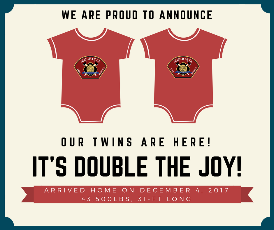 MurrietaFire's tweet photo. We are happy &amp; excited to announce we have TWINS!!!
Our brand new Type 1 engines have officially arrived and will be making their official debut very soon! 
#MFR #MurrietaFire #MurrietaFD #NeighborsHelpingNeighbors #Twins #Pierce #Type1Engine #ChristmasCameEarly #FireEngines https://t.co/CWzN7aqO0y