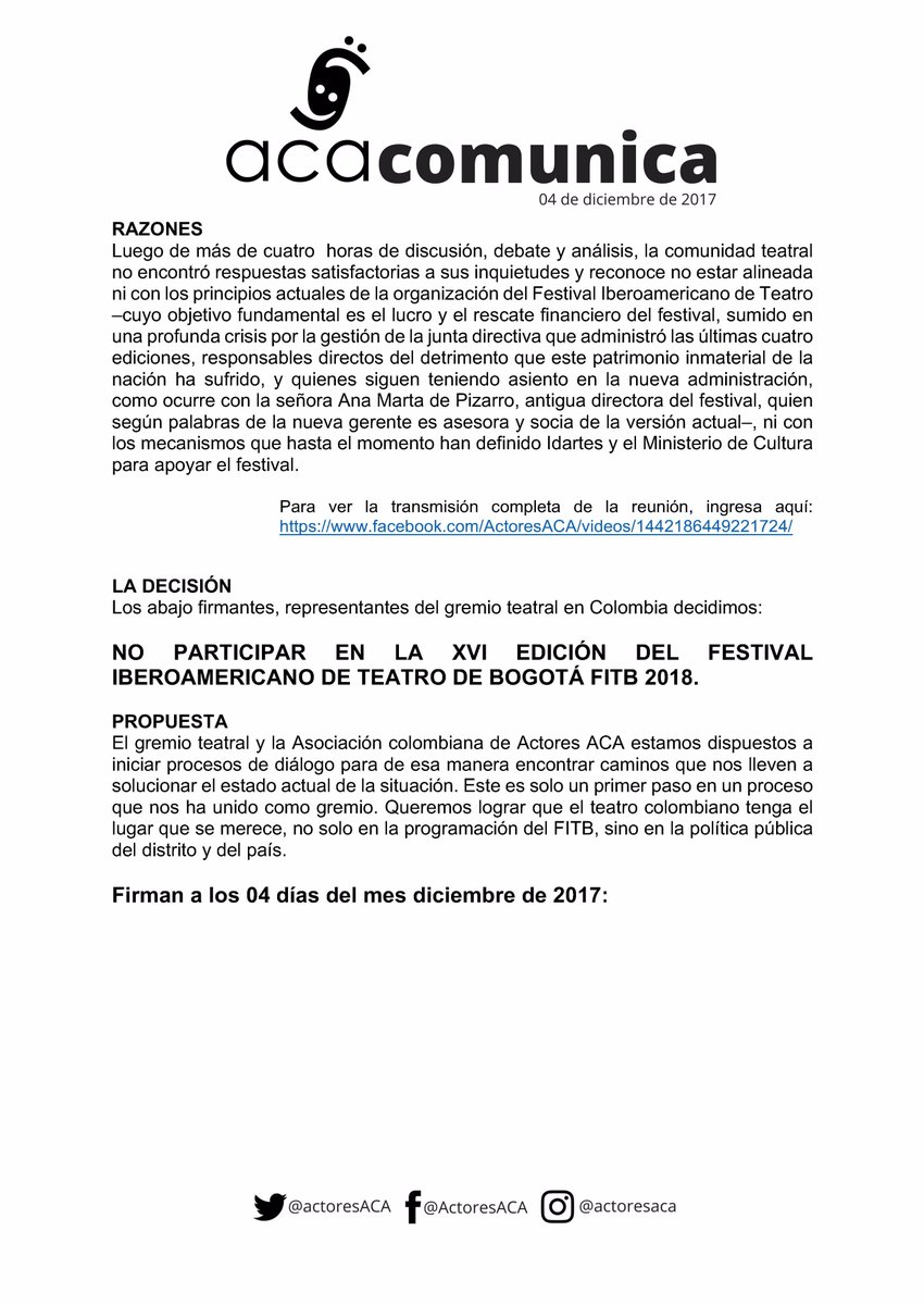 actoresACA's tweet photo. Gremio teatral colombiano no participará en @FITBogota 2018.  Más de 200 firmantes entre grupos, directores, actores y dramaturgos dicen: #NoVamosAlFITBporque #TeatroColombianoUnido Esta puede ser una buena información para arrancar las noticias mañana #ACAconelTeatro https://t.co/tAD1uHmwoY