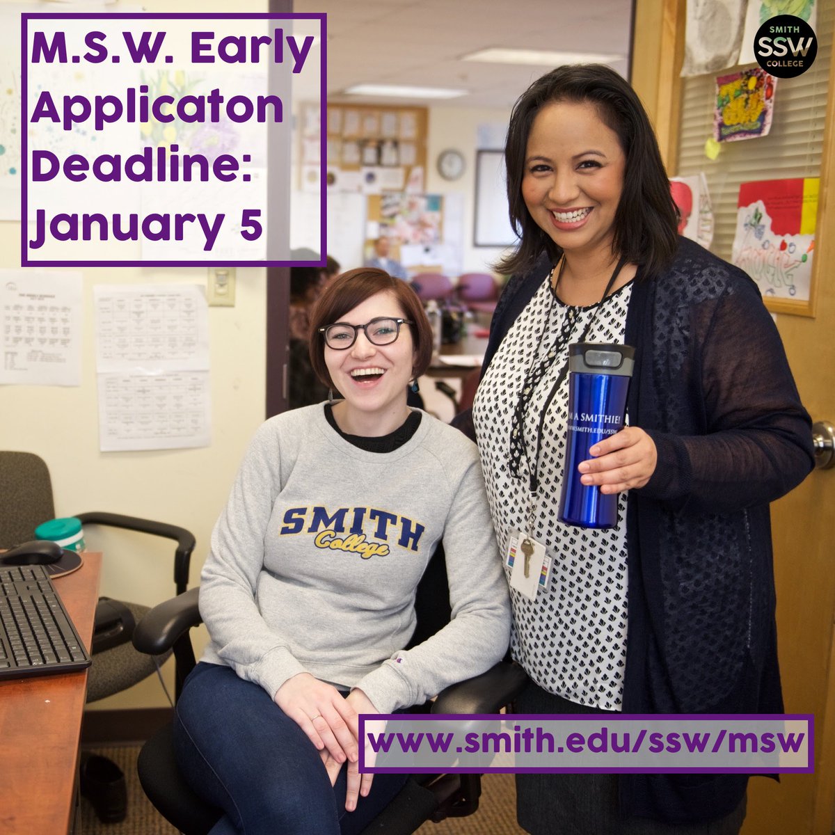 smithcollegessw's tweet photo. One month and one day left to apply early admission! #socialwork #backtoschool #MSW #changetheworld #lifechanging #smithcollege #smithssw
https://t.co/RBmpnbV0bk https://t.co/crcFXGbhD5