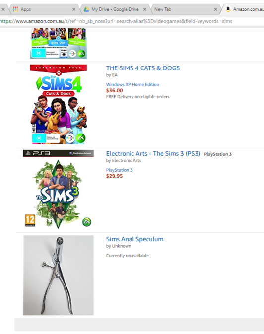 Belbirdie's tweet photo. So excited to see Amazon's new store ... checked out the games section for SIMS. Frankly disappointed to see they are out of anal speculums... #AmazonAustralia https://t.co/SOd3FZQ6gY